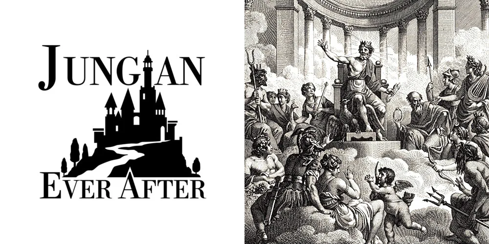 Banner Image with Jungian Ever After Logo and a drawing of the Greek Olympians